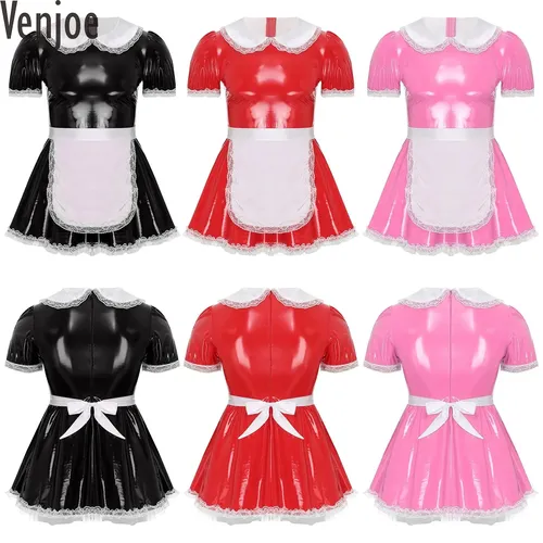 Robe de servante Sissy pour homme avec tablier, col beurre, manches bouffantes, volants, dentelle, cuir verni, robe trapèze, costume de cosplay