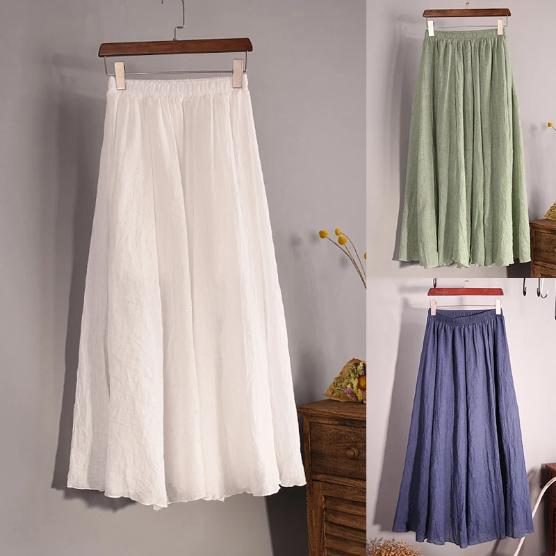 Jupes longues plissées Vintage en coton et lin pour femmes, jupe Maxi d'été à taille élastique pour filles, jupe de plage Boho, jupe trapèze