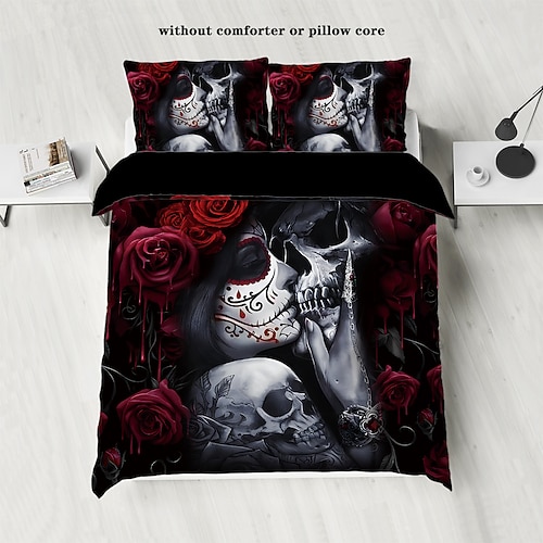 3-teiliges Bettwäscheset mit coolem Gothic-Totenkopf-Blumendruck – einzigartiges und künstlerisches Design – enthält Bettbezug und Kissenbezüge – weicher und strapazierfähiger Stoff – perfekt, um Image