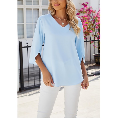 Bluse Damen elegant stylisch modern Halbarm V-Ausschnitt Arbeit Alltag blau Sommer Frühling Image