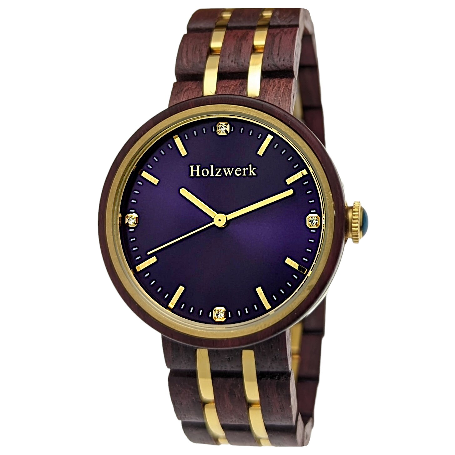 Holzwerk MARLOW edle Strass Damen Holz & Edelstahl Armband Uhr, moderne Damenuhr, modische Holzuhr, Armbanduhr in lila, braun, gold