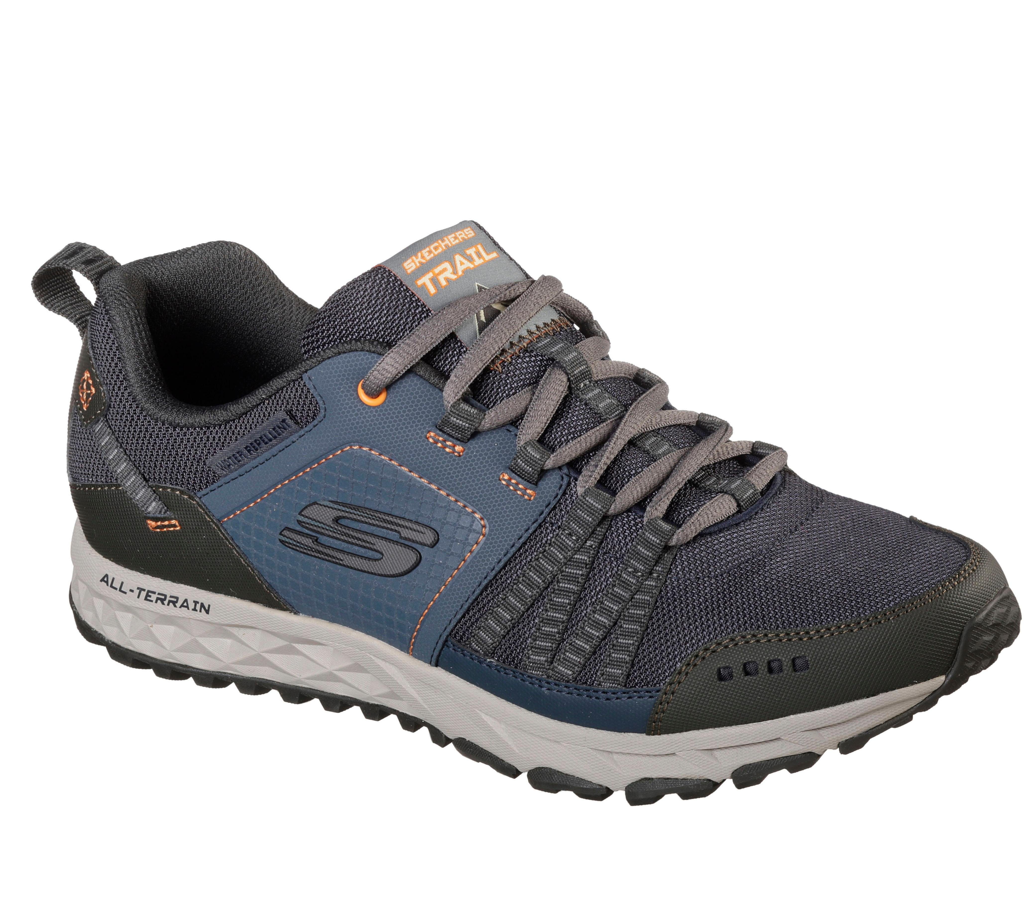 Sneaker SKECHERS "Escape Plan", Damen, Gr. 46, blau (navy), Leder, Textil, Schuhe Sneaker, mit wasserabweisendem Material, Freizeitschuh, Halbschuh, Schnürer, Topseller