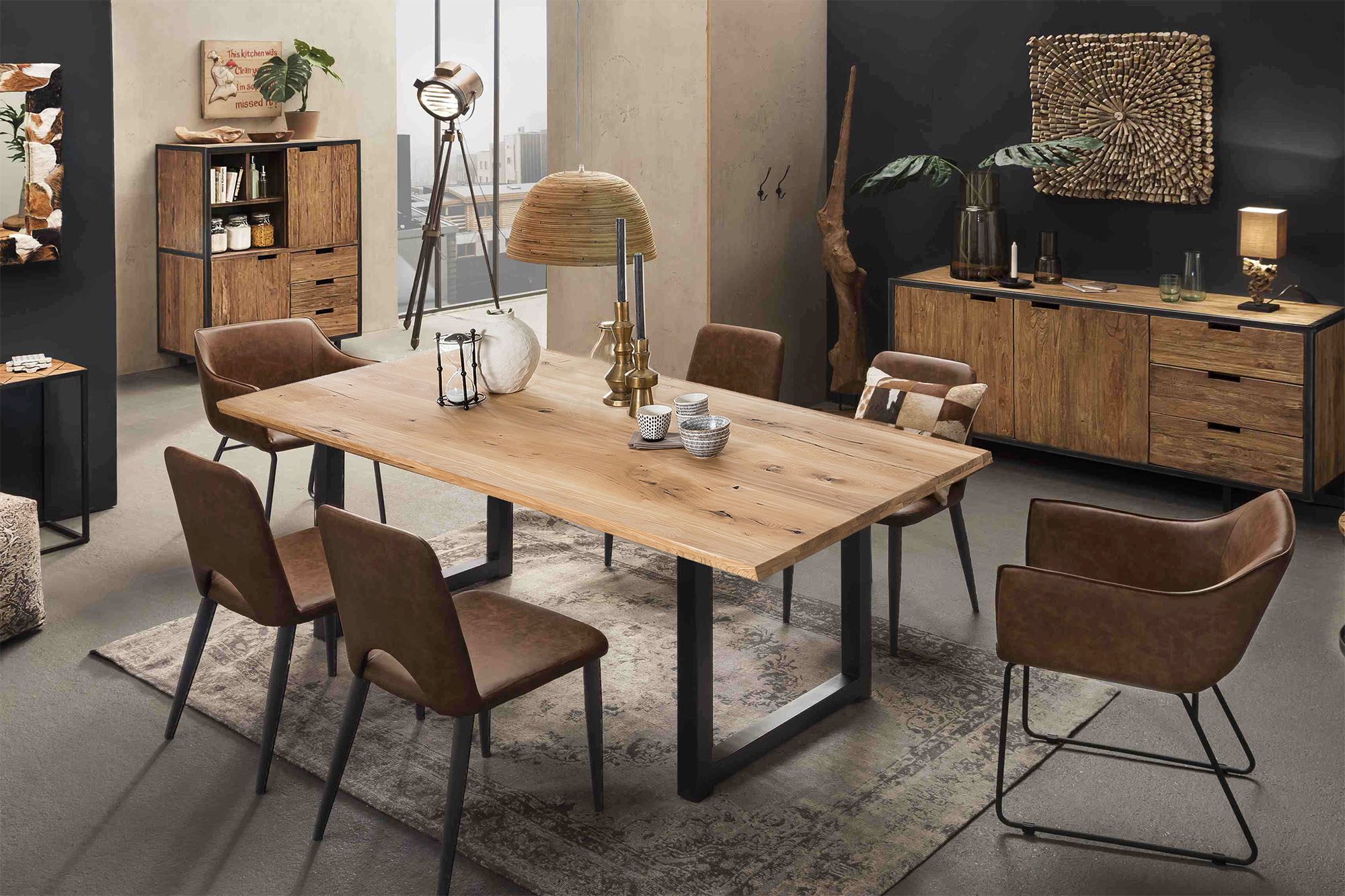 Esstisch SIT, braun (natur, antikschwarz, antikschwarz, natur), B:200cm H:75cm T:100cm, Platte Wildeiche geölt, Gestell Metall, Tische, Rechteckiger Esstisch Esstisch Holz-Esstische, Kufengestell im industriellen Antiklook