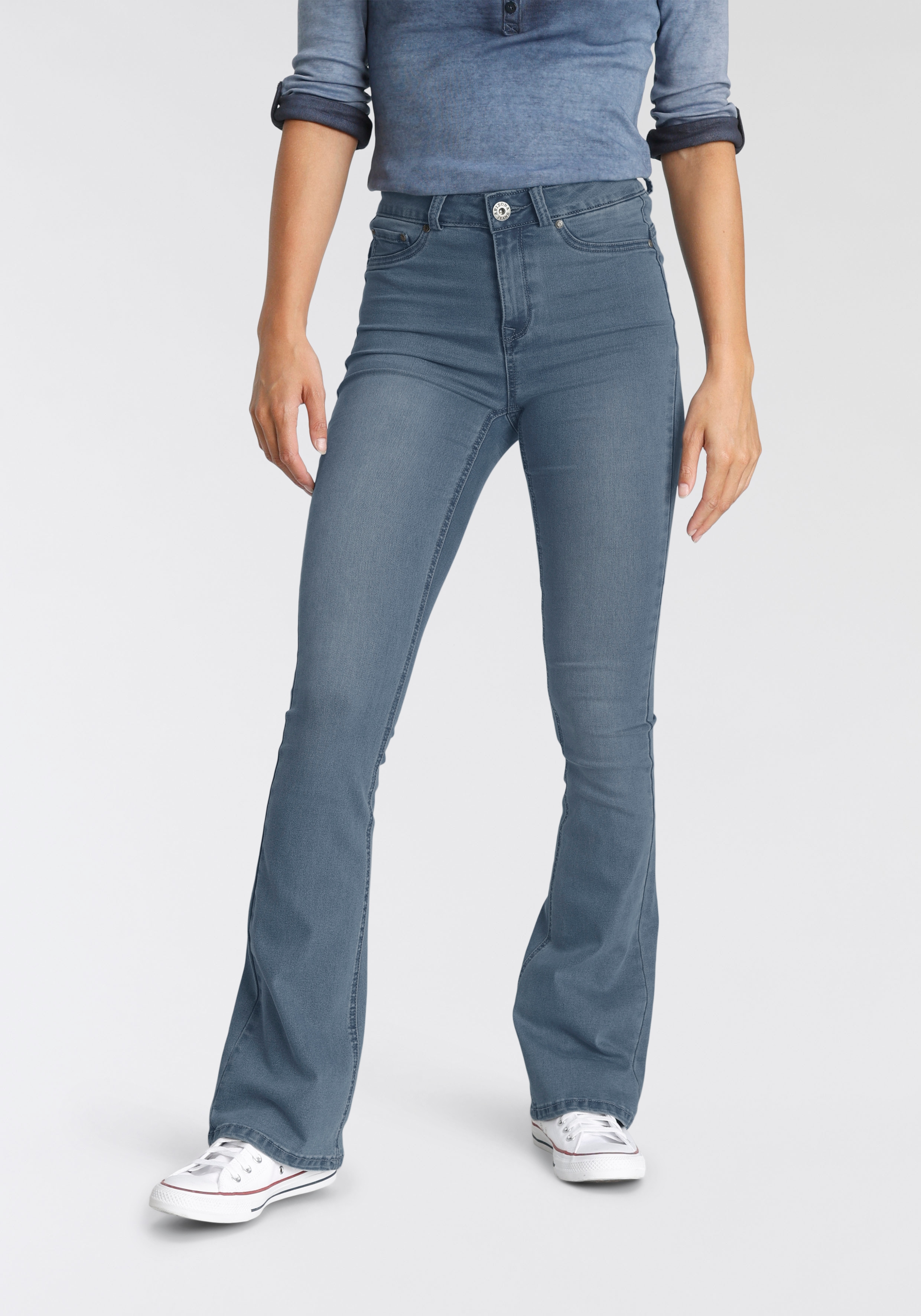 Bootcut-Jeans ARIZONA "Ultra Stretch", Damen, Gr. 25, K + L Gr, blau (blau used), Denim/Jeans, Obermaterial: 63% Baumwolle, 32% Polyester, 5% Elasthan, eng lang, Jeans, ausgestellte Beinform, Used-Waschung, hohe Leibhöhe, Topseller