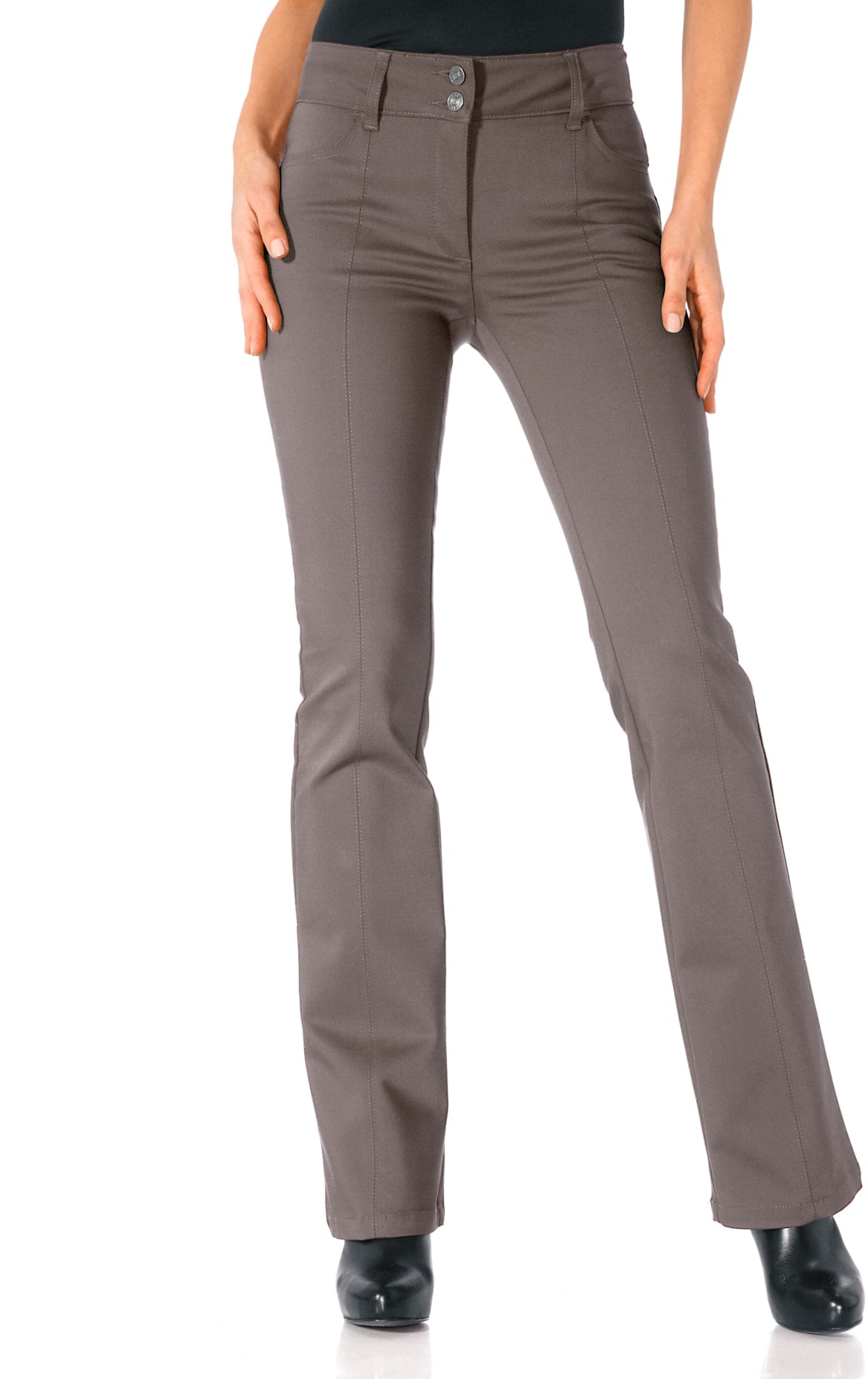 Bootcuthose HEINE, Damen, Gr. 20, Kurzgrößen, grau (taupe), 48% Baumwolle, 45% Polyester, 7% Elasthan, Miedereinsatz:15% Elasthan, 85% Polyamid, unifarben, lang, Hosen, Topseller