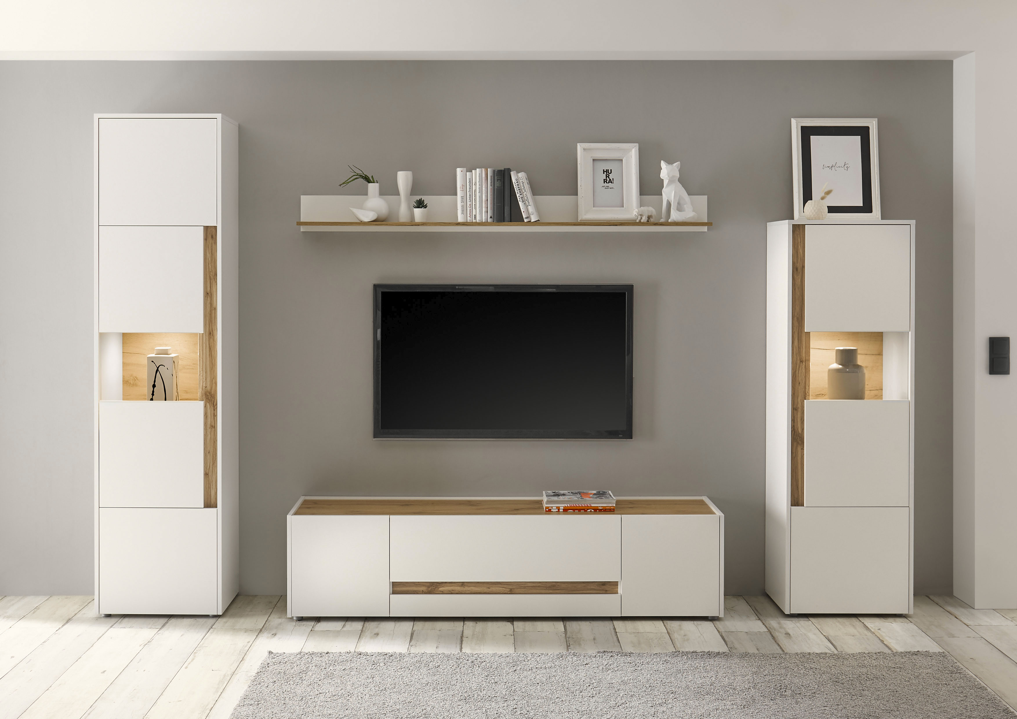 Wohnwand INOSIGN "City/Giron, moderne Anbauwand, Komplettset in vielen Farben verfügbar", weiß, B:310cm H:197cm T:45cm, Holzwerkstoff, Kastenmöbel-Sets, Wohnwand, enthält zwei Vitrinen, ein Lowboard & ein Wandboard