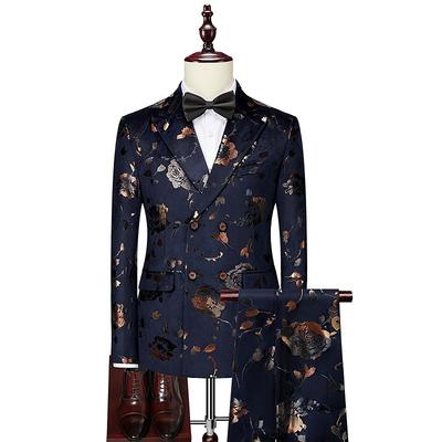 Black Men's Print Suits Outfit Party Evening Suits Jacquard Floral 2 Piece Party Luxury Retro Vintage Tailored Fit Single Breasted One-button Dark Navy