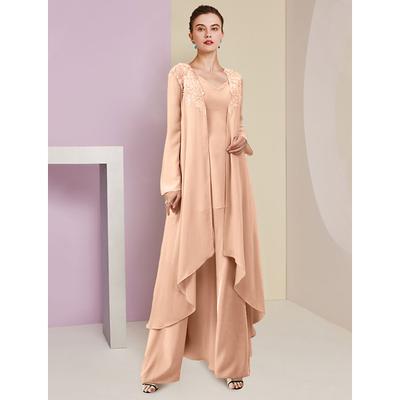 Beach Wedding Jumpsuit / Pantsuit 3 Piece Mother of the Bride Formal Wedding Guest Elegant V Neck Floor Length Chiffon Lace Sleeveless Wrap Included with Beading Appliques 2025