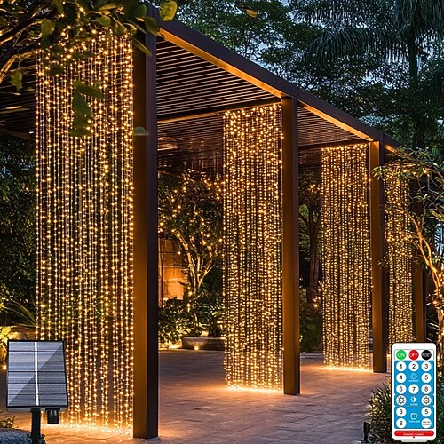 33M 300 LEDs Solar Vorhanglicht Außen Fernbedienung Licht 8 Beleuchtungsmodi Feenlichter IP65 wasserdicht Lederfadenlichter Party Hochzeit Zuhause Schlafzimmer Garten Wanddekoration Image