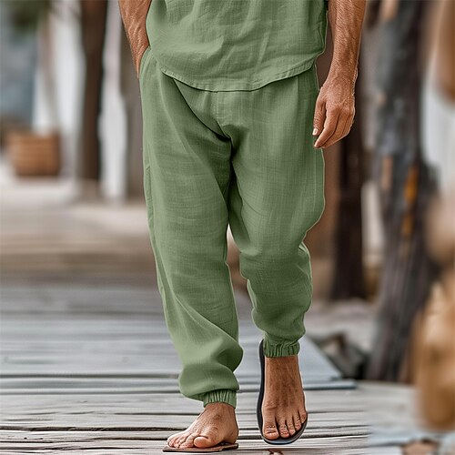 Herren Jogginghose Leinenhosen Hose Sommerhose Kordelzug Elastischer Bund Einfach Komfort Weich Outdoor Täglich Ausgehen Mode Streetwear Cachi scuro Weiß Mikroelastisch Image