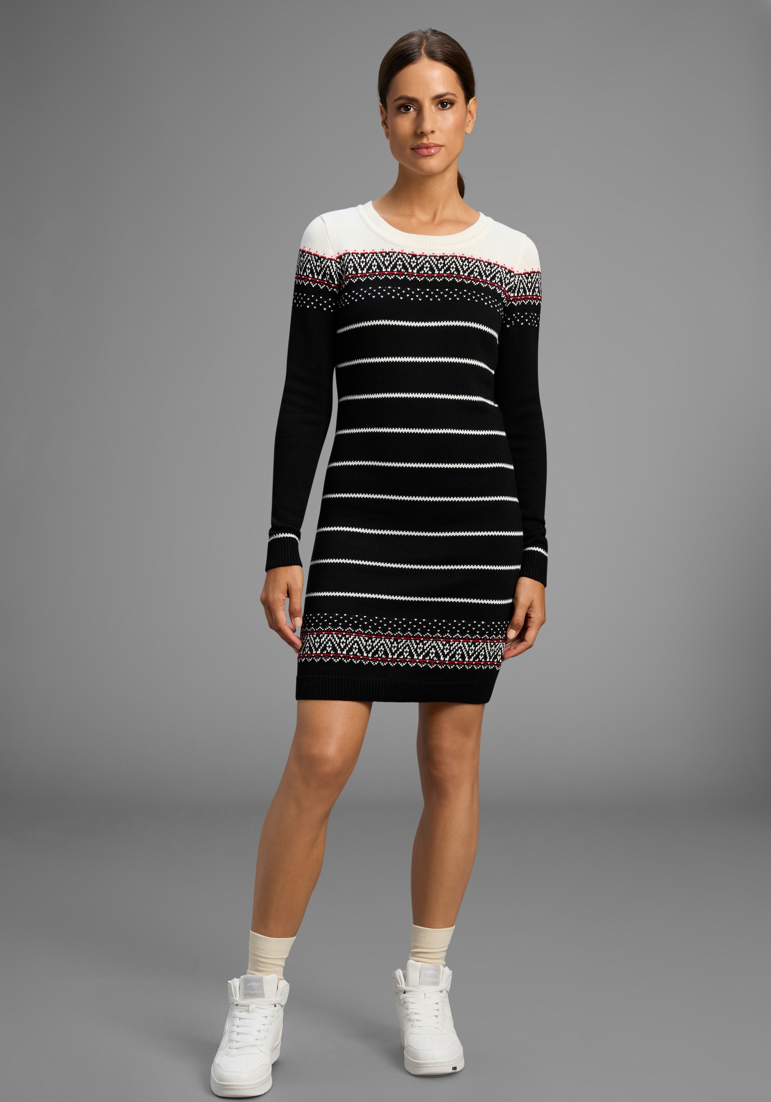 Strickkleid KANGAROOS, Damen, Gr. 36, N-Gr, schwarz (schwarz gemustert), Strick, Obermaterial: 50% Baumwolle, 50% Polyacryl, gemustert, figurbetont mini, Rundhals, Rippbündchen, Kleider Strickkleid, figurbetont, im Norweger-Stil, aus...