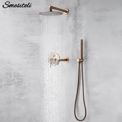 Bathroom Shower Faucet Brushed Rose Gold Smesiteli Brass 3 Way Diverter Valve Kit Hot & Cold Mixer