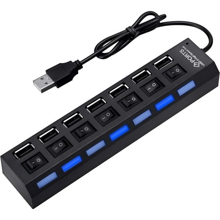 Multi Port Splitter 7 Port USB 2.0 Hub USB A Port Data Hub with Independent On/Off Switch and LED Indicators Lights for Laptop PC Computer Mobile HDD Flash Drive for All USB Device
