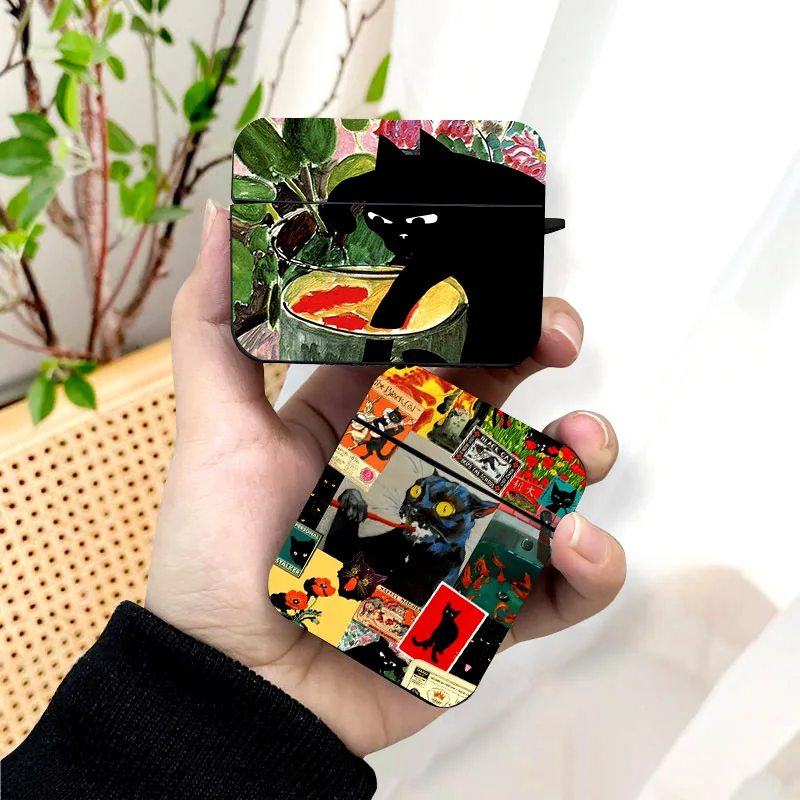 Abstrakte Kunst Katze Airpods Fall schwarz drahtlose Bluetooth-Kopfhörer Fall für Apple Airpods 1 2 3 Pro 2 Schutzhülle Image