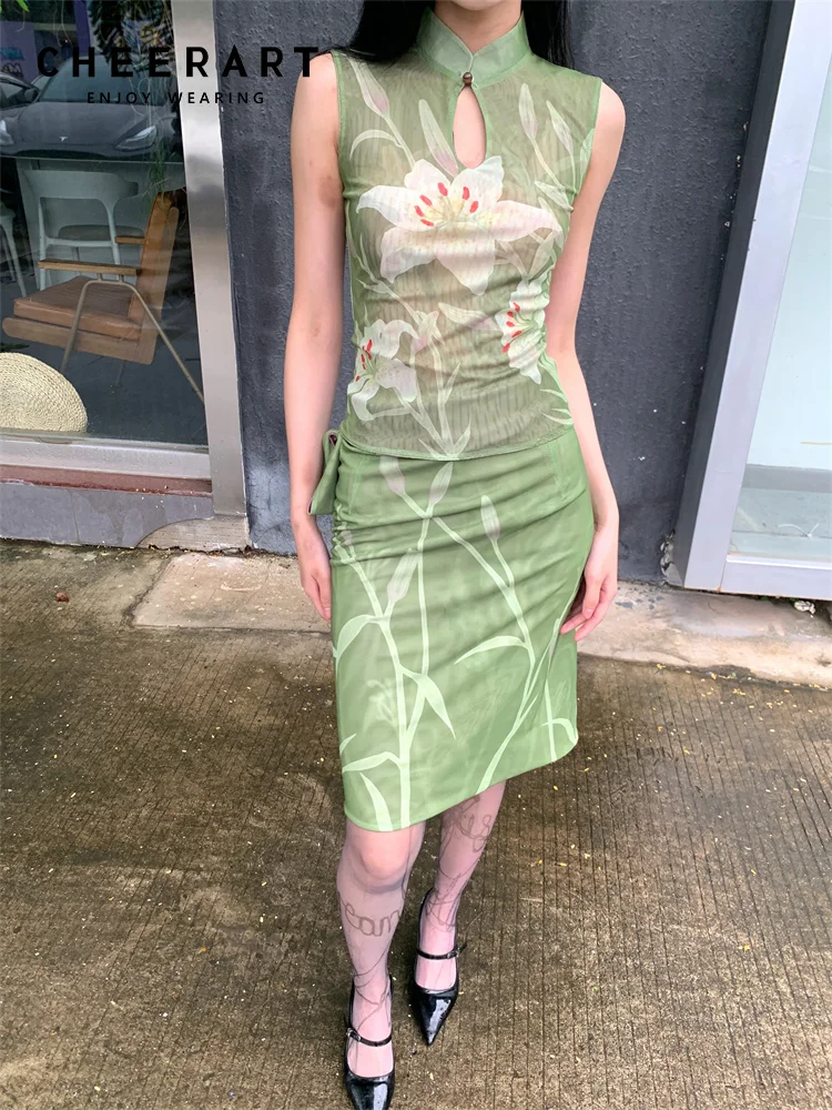 Cheer art zweiteiliges Set für Frauen elegantes Sommer outfit grüne Lilie Blumen Vintage Top und Rock Set Damen bekleidung 2024