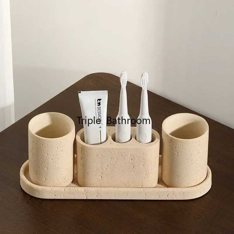 1 Pc grès salle de bain articles de toilette rince-bouche tasse porte-brosse à dents porte-savon plateau de salle de bain accessoires de salle de bain décoration de la maison