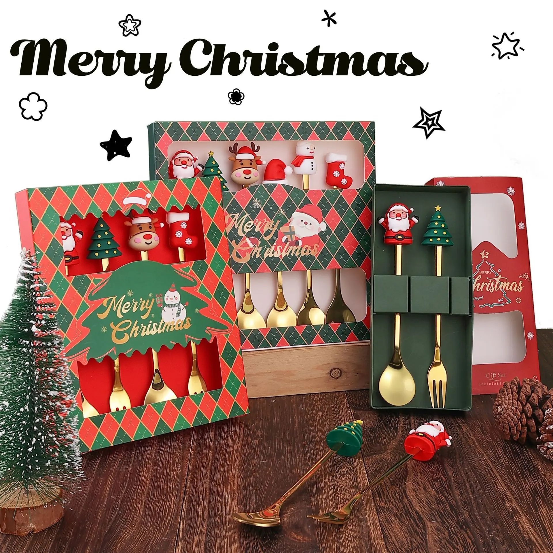 2/4/6Pcs Christmas Fork And Spoon Set,Stainless Steel Creative Tableware,Coffee Tea Dessert Forks And Spoons Gift Set.
