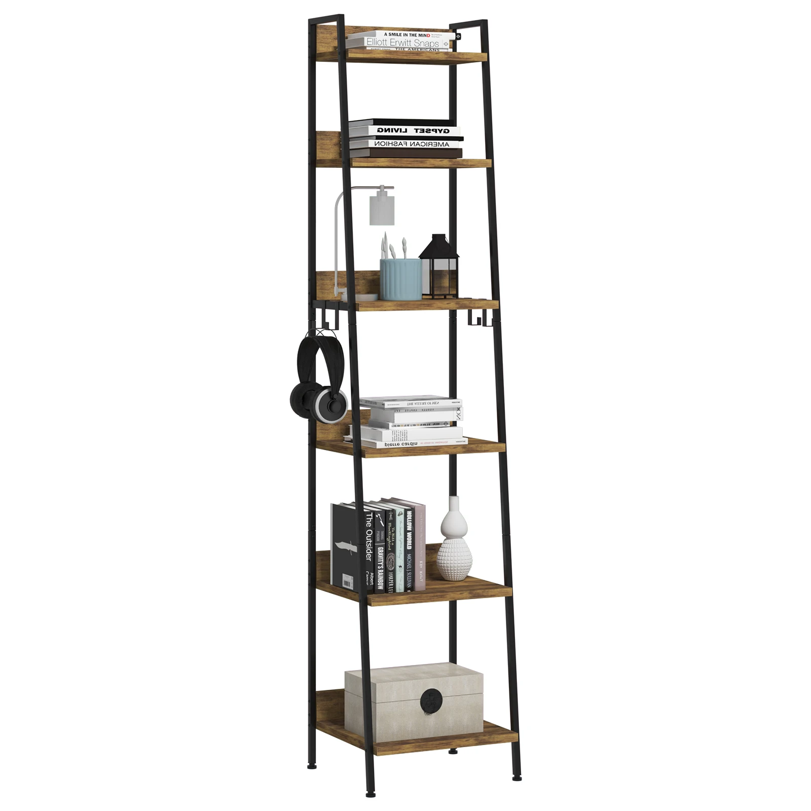 WOLTU Bücherregal, Aufbewahrungsregal, 41 x 187 x 36 cm, 6-stufiges Bücherregal mit 4 Haken, industrieller Stil für Wohnzimmer, Präsentation, Küche, Zuhause Image