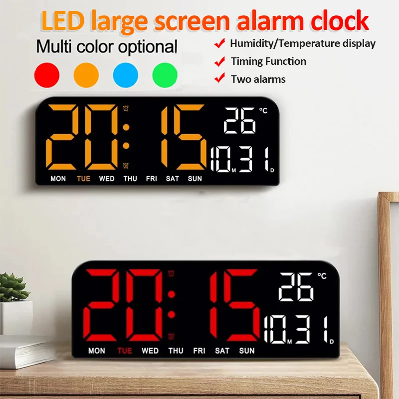 Große digitale LED-Wanduhr, Temperatur, Datum, Woche, Anzeige, Countdown-Tischuhr, Helligkeitseinstellung, zwei Alarme, 12/24-Stunden-Uhr Image
