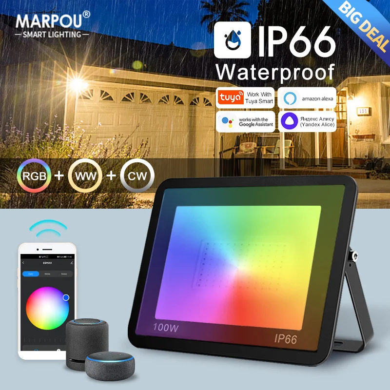 IP66 Wasserdicht TUYA Smart Living RGB Flutlicht WIFI Outdoor Dimmbare LED Strahler 100W 220V Projektor Landschaft Lampe straße
