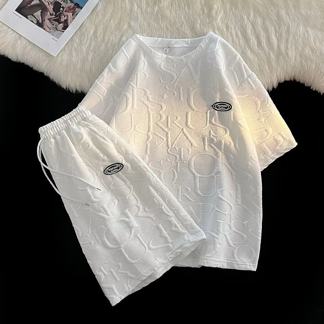 Sommer männer Waffel Sets Casual T-Shirts Und Shorts Set Männlichen Sport Anzug Einfarbig Trainingsanzug Lose Anzüge Übergroßen Größe M-5XL