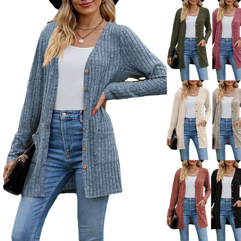 Cappotto da giacca cardigan con estensioni casual da donna a maniche lunghe con bottoni in tinta unita con scollo a V a righe fresate da donna nuove autunnali