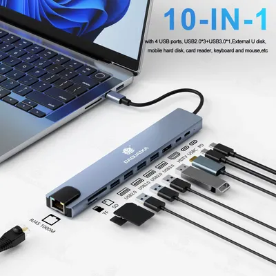 10 in 1 USB C HUB 4K30Hz Docking Station Type C to HDMI-Compatible RJ45 Ethernet PD100W for MacBook