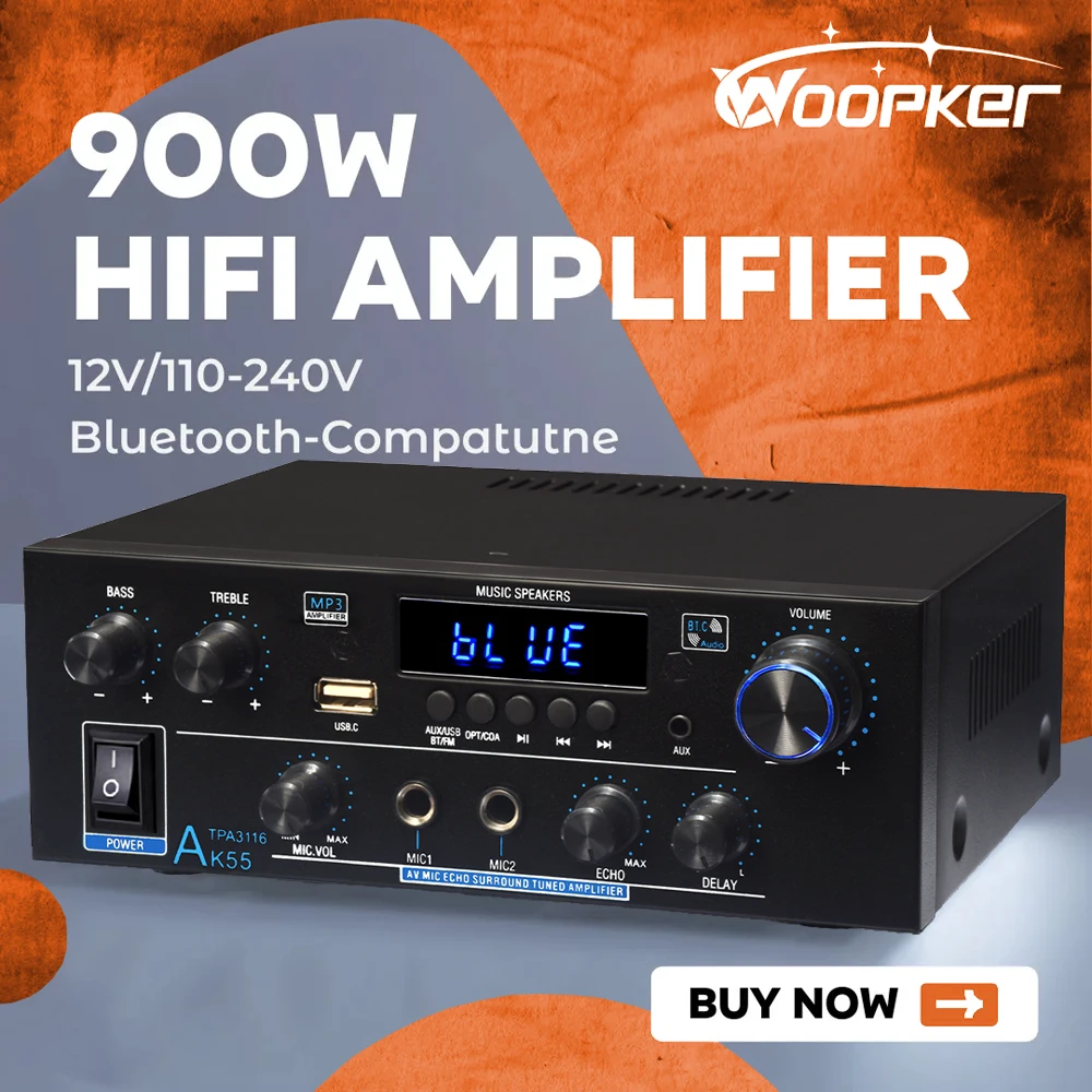 Woopker AK55/AK45 Pro/AK45/AK35 Sound Amplifier Bluetooth Digital Amplifier for Home Car Karaoke 2 Channel HiFi Audio Amp FM USB