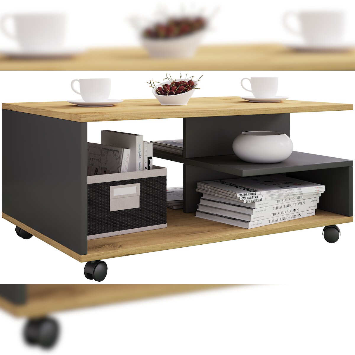 VCM Beistelltisch & Couchtisch Stango Anthrazit / Honig-Eiche H. 41 x B. 80 x T. 50 cm Image