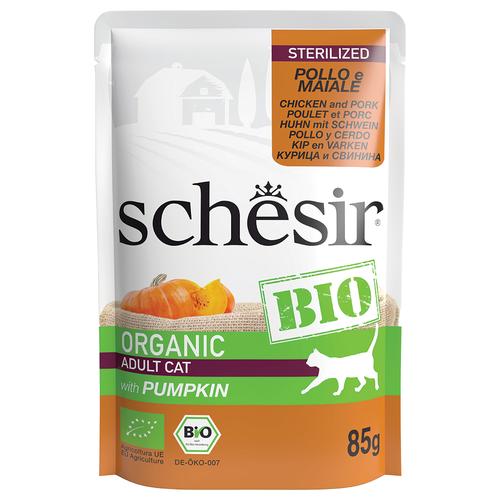 Sparpaket: 16x85g Schesir Bio Pouch Sterilized Bio-Huhn und Bio-Schwein Katzenfutter nass