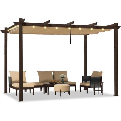 PURPLE LEAF Outdoor Retractable Bronze Metal Pergola w Canopy for Beach Deck Gazebo