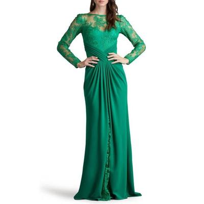 Floral Embroidery Long Sleeve Mixed Media Gown - Green - Tadashi Shoji Dresses