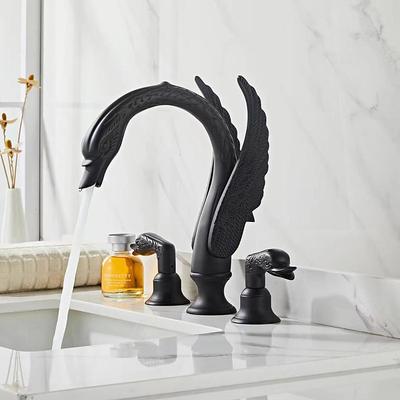 Widespread Bathroom Sink Mixer Faucet, 2 Handle 3 Holes Basin Taps Swan Noble Luxury Golden and Oil-rubbed Bronze Bath Taps