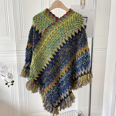 TEMU Boho Vintage Striped Tassel Shawl Women's Irregular Warm Pullover Poncho Outdoor Travel Windproof Loose Colorful Large Cape Cloak Image