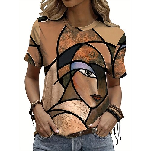 Damen T-Shirt Casual Print Kurzarm Normal Oberteile Alltag Khaki Sommer Image