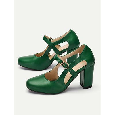 Vintage Green Mary Jane Block Heel Shoes for Women - Chunky High Heels with Buckle Strap, Retro Style Comfortable Leather Pumps