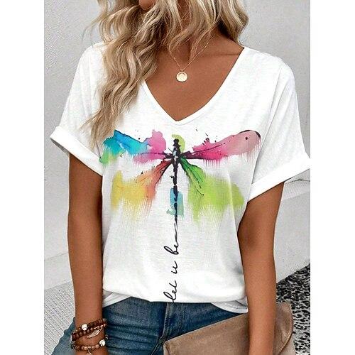Damen T-Shirt Casual Print Kurzarm Normale Oberteile V-Ausschnitt Alltagsweiß Sommer Libellen- und Buchstabendruck