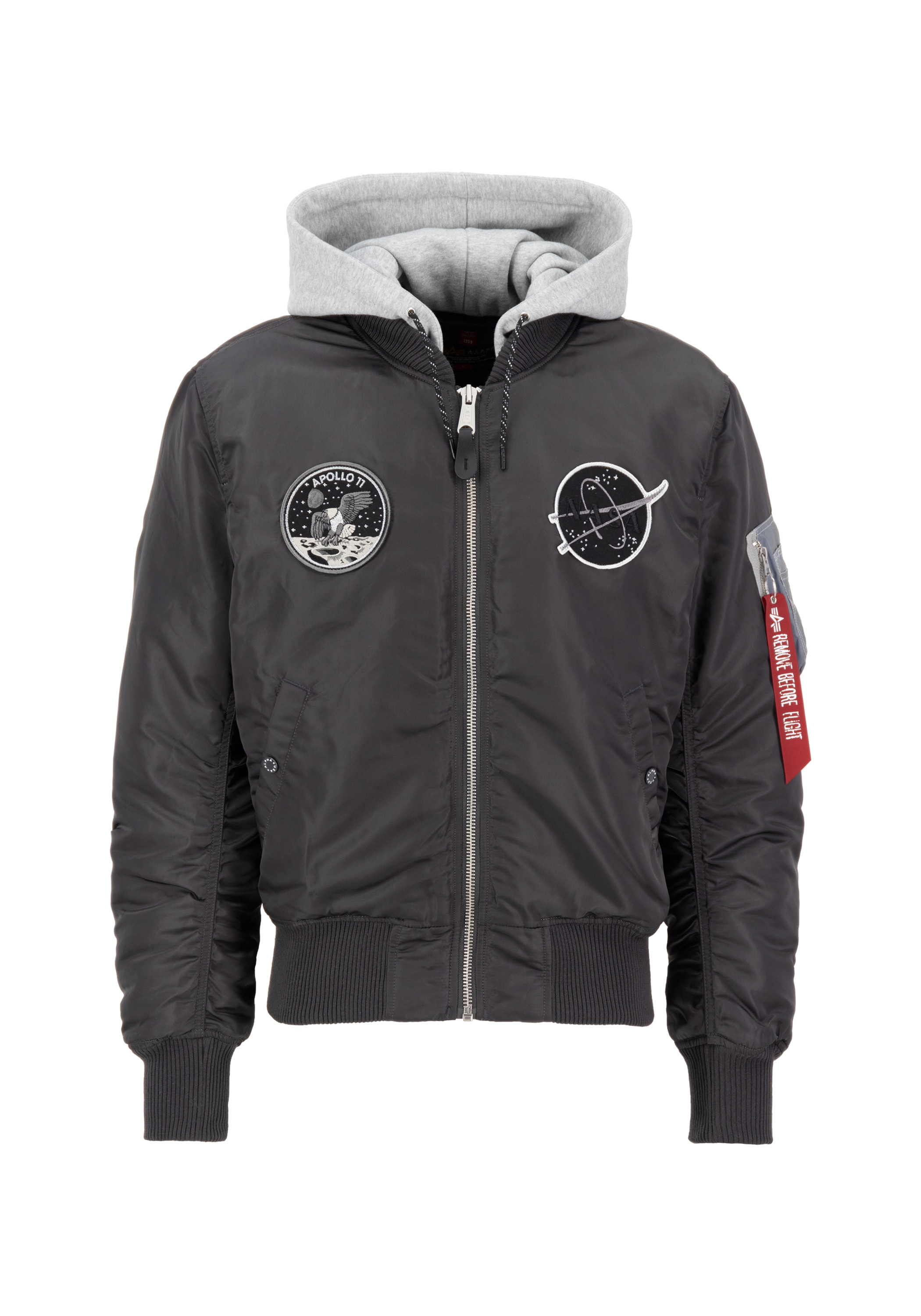 Bomberjacke ALPHA INDUSTRIES "MA-1 VF Hood Dark Side", Herren, Gr. M, grau (vintage grau), Obermaterial: 100% Nylon; Futter: 100% Nylon; Füllung: 100% Polyester, Jacken Bomberjacke