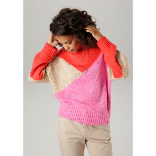 Strickpullover ANISTON CASUAL Gr. 40, bunt (rot, pink, beige) Damen Pullover Grobstrickpullover im farbenfrohen Colorblocking