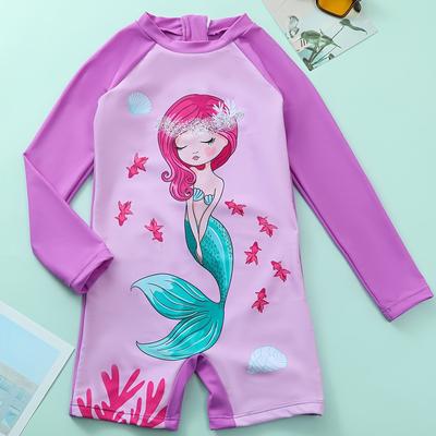 TEMU Splicing Cute Mermaid Print 1-piece Swimwear For Girls Summer Beach Vacation