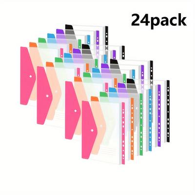 TEMU 24pcs Plastic Binding Pockets - 11-hole Sealed Envelopes With Custom Labels - And Transparent For 2/3/4 Ring Bindings - Side Opening