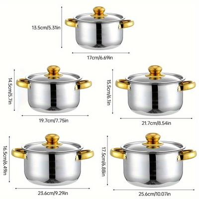 TEMU Set Of Stainless Steel Soup Pot, Classic Cookware With Glass Cover, Golden Anti Scalding Handle, Suitable For Home, , Camping, Restaurant Use, Multiple Dishes In 1 Set.