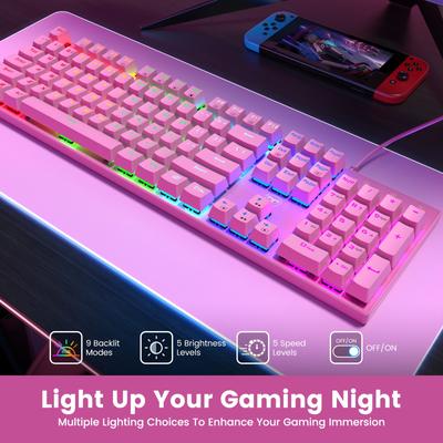 TEMU Mechanical Gaming Keyboard, Rgb 104 Keys Ultra-slim Backlit Usb Wired Keyboard With Blue Switch, Durable Abs Keycap, Anti-ghosting, Spill-resistant Mechanical Keyboard For Pc Gamer, Pink