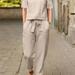 TEMU Elegant Solid Color Pants Set, Crew Neck Short Sleeve Blouse & Belted Pockets Simple Pants, Women's Clothing