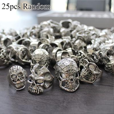 TEMU 25/50pcs Wholesale Lot Gothic Punk Skull Antique Silvery Rings Mixed Style Jewelry, Pefect For Halloween Party Daily Outfits