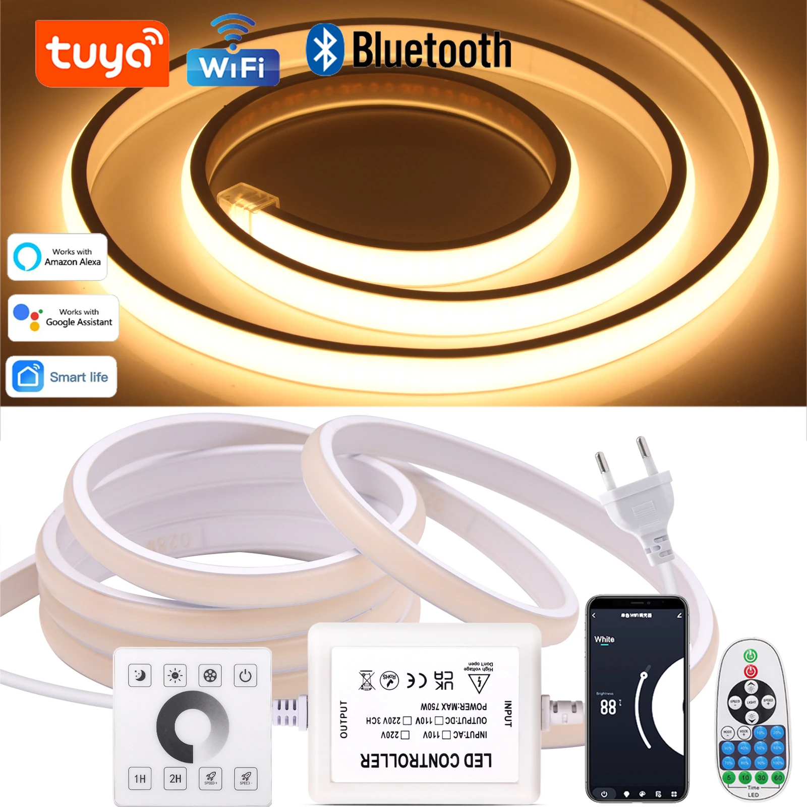 220V Smart Tuya WiFi COB LED Strip Light Dimmerabile LED Nastro Bluetooth COB Luci a LED Impermeabile 288 LED/m Illuminazione lineare Decor