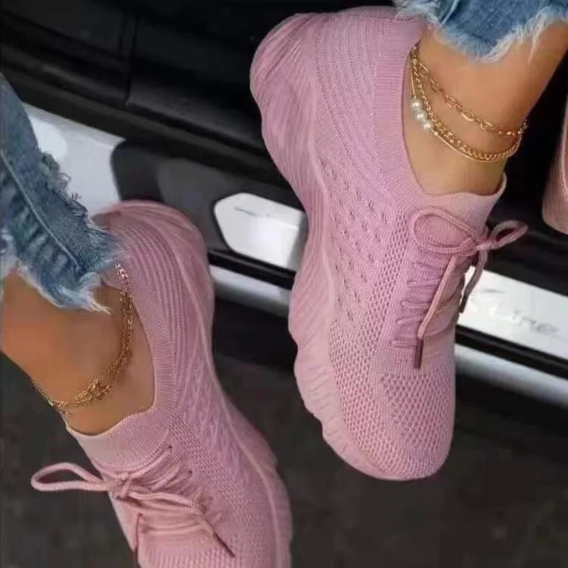 Frauen Turnschuhe Atmungsaktiv Casual Frauen Socken Schuhe Lace Up Damen Wohnungen Weiblichen Frühling Vulkanisierte Laufschuhe Zapatillas De Mujer Image