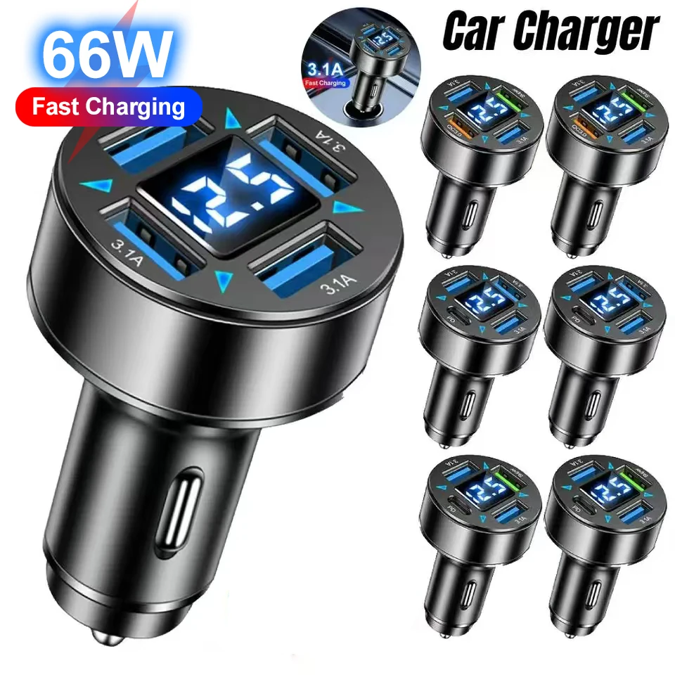 66w 4 ports Auto ladegerät Schnell ladung pd qc 3,0 usb c Autotelefon ladegerät Typ c Adapter im Auto für iPhone Samsung Huawei Xiaomi Image