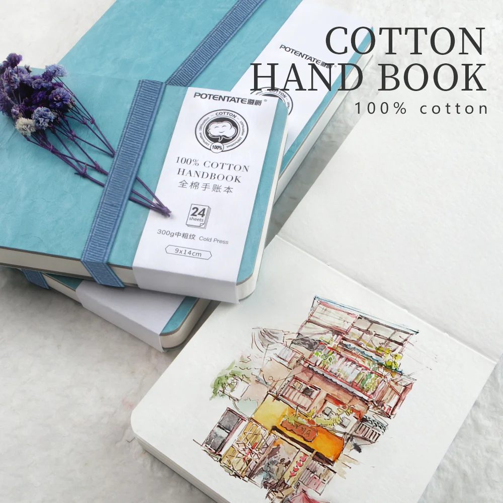 POTENTATE Blaues Aquarell-Tagebuch, Zeichenbuch, Hand-Notizbuch, Skizzenblock, 100 % Baumwolle, 300 g/m2, Kaltpresse für Kunstbedarf Image