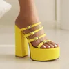 Offene spitze Multi-schnalle Gürtel Gelb Rose Farbe Frauen Sexy Block High Heels Sandalen Große Größe 44 45 46, Plattform Rutschen Maultiere Schuhe